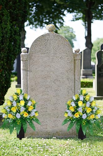 LVXINLI Artificial Cemetery Flowers, Gravesite Decoration Roses, Memorial Bouquets with Cemetery Vase, Vibrant and Long-Lasting Colors (Yellow+White, 2 Bundles) - color: Yellow+white