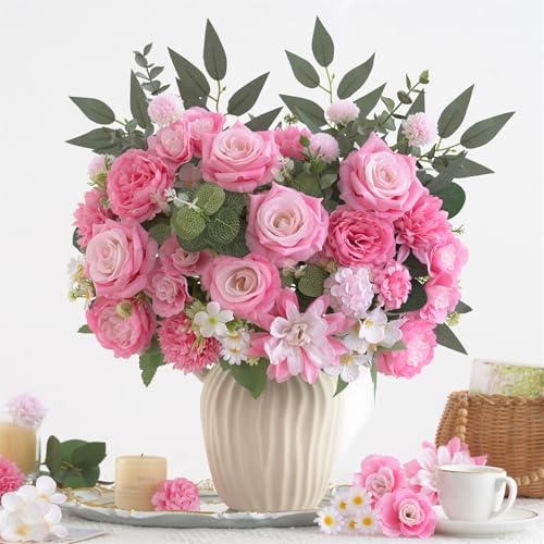 10 Pcs Mixed Artificial Flowers Set, Artificial Peony Bouquet Fake Rose Flower Silk Floral Arrangements for Table Centerpiece Home Wedding Party Bridal Vase Decoration(Pink, 6 Bouquets & 4 Stems) - color: Light Pink, size: Mixed 10pcs