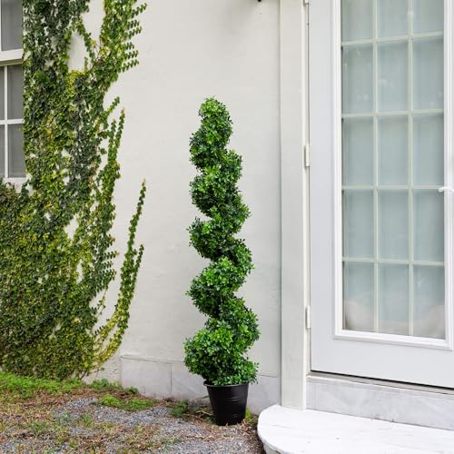 Nearly Natural 5ft. UV Resistant Boxwood Spiral Topiary Artificial Tree in Decorative Planter (Indoor/Outdoor)