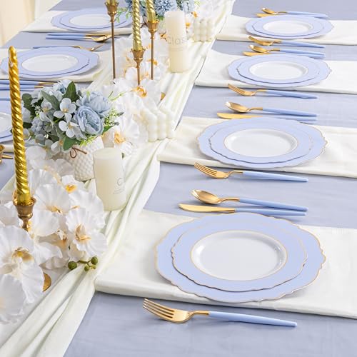 WDF 60pcs Blue Plates Disposable With Gold Rim - Baroque Baby Blue Plastic Party Plates for Wedding/Party/Baby Shower/Spring - color: Blue and Gold, size: 60PCS