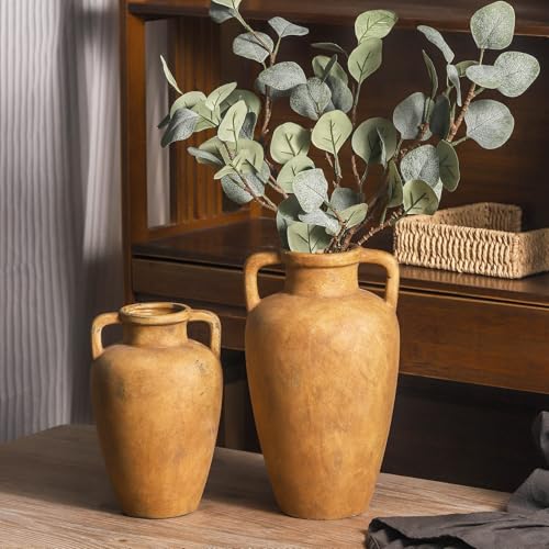 Large Ceramic Vase with 2 Handles, 11.41 inch Terracotta Rustic Farmhouse Vase for Home Decor, Wide Mouth, Living Room Shelf Decor, Enterway, Wedding, Table Decoration - color: 103-2-11.4in