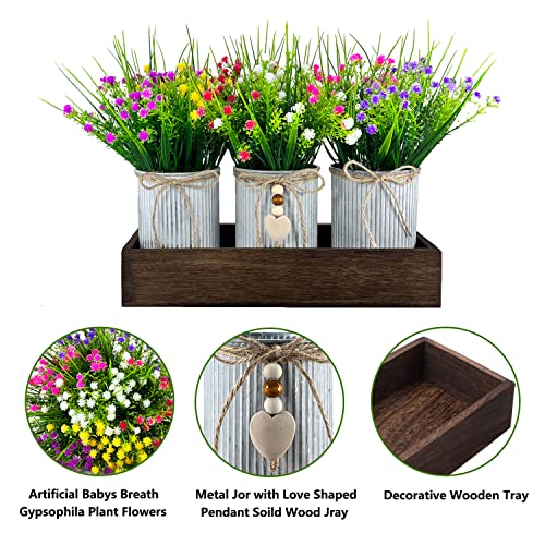 Gypsophila Baby's Breath Artificial Flowers in Rustic Metal Pots and Wood Tray, Table Centerpiece Decorations Fake Flowers for Home Décor - style: Gypsophila Baby's Breath