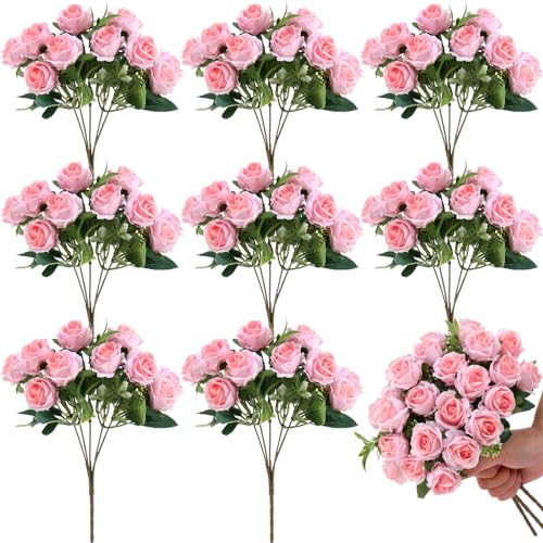 Zeyune 8 Pack 12 Inch Wedding Bouquets for Bride Bridesmaid Red Artificial Rose Bouquet Fake Silk Roses Flowers Bunches Bulk for Home Office Garden Parties(Light Pink) - color: Light Pink