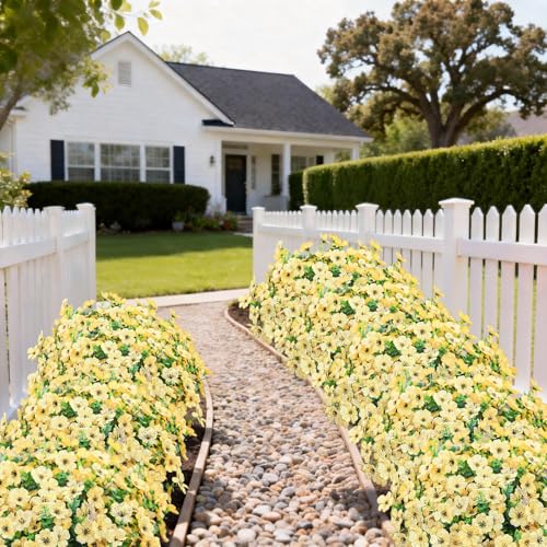 Artificial Outdoor Flowers 16 Bundles UV Resistant Fake Mums Flowers Plants for Decoration Indoor Outdoor Window Box Hanging Planter Home Porch Decor Plastic Faux Flowers (Yellow) - color: Yellow