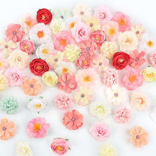 ATTGREAT Fake Flower Heads Mini Silk Flowrs Bulk Small Pink Flower 3D Loose Faux Daisy Rose Sunflowers Plum Blossoms Craft for Wedding Party Cake Baby Shower Home Decor, 110Pcs(Pink) - color: Pink