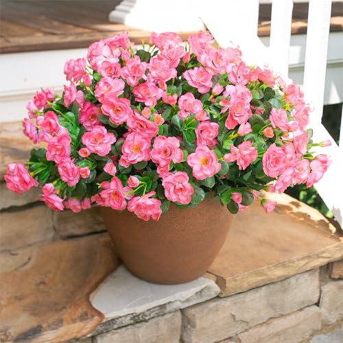 HyeFlora Artificial Faux Outdoor Flowers Plants for Spring Summer Decoration, Fake Silk Camellia UV Resistant Look Real for Planter Outside Front Door Porch Patio Balcony, 3 Large Bundles - color: Dark Pink