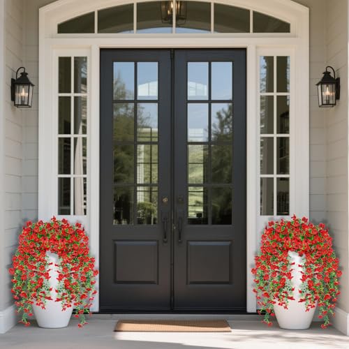 Artificial Hanging Flowers for Outdoors Decorations 2 Pack, Fake Hanging Flowers, UV Resistant Artificial Hanging Plants Outdoors for Home Porch Patio Balcony Baskets Yard(Red) - color: Red