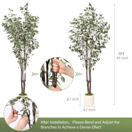 GarveeHome Artificial Eucalyptus Tree, 7 ft Tall Fake Artificial Plant with White Planter，Large Faux Floor Plant Fake Silk Trees Artificial Trees for Home Decor Indoor - size: 7ft
