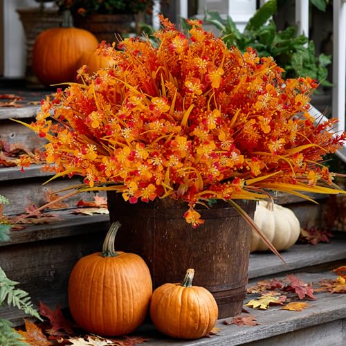 AXYLEX Artificial Fall Flowers Outdoor Fake Mums - 16 Bundles Fake Plants UV Resistant No Fade Faux Plastic Greenery Garden Porch Patio Fall Home Decor (1, OrangeYellow) - color: Orangeyellow