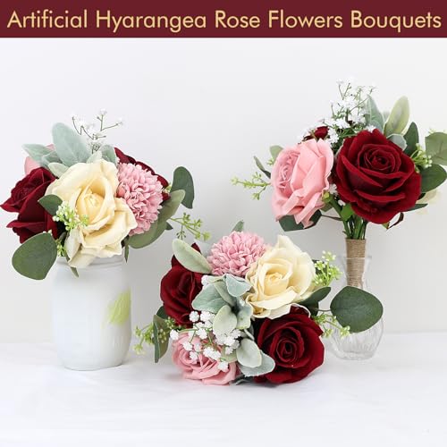 Set of 4 Artificial Bridesmaid Bouquets Blush & Burgundy -7 Inch Silk Rose Wedding Flower Bouquets for Bridesmaid Holding Flowers , Bridal Shower, Wedding Centerpiece Ceremony and Anniversary - color: Blush & Burgundy, size: 4pcs Bouquets