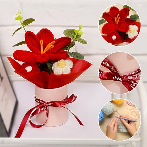 Handmade Crochet Tulip Flowers Bouquet, Knitted Tulip Bouquet Pot for Mother's Day Birthday Wedding Christmas, DIY Décor for Car Office Desk & Home Décor, Perfect for Mom Wife Girlfriend Lover (Red) - color: Red