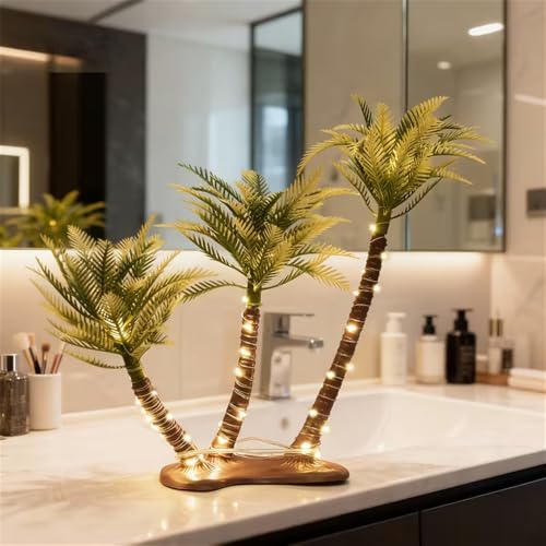 Artificial Coconut Palm Tree, 11 Inch Mini Plastic Tropical Desk Decor with Warm Light for Christmas, Wedding, Party Landscape Decoration