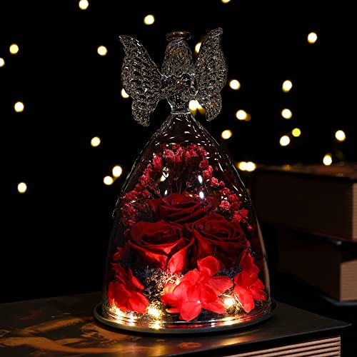 Mothers Day Rose Gifts Glass Angel Figurine with Three Roses Gifts, Preserved Forever Real Rose Gifts for Women, Angel Guardian with Rose for Mothers Day - Wine Red - color: Wine Red