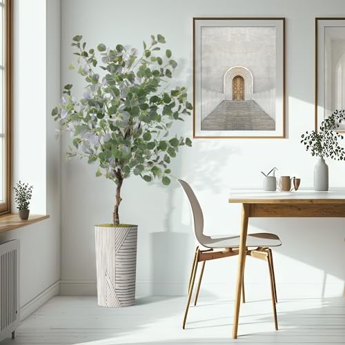 Artificial Tree in Geometric Pattern Planter, Fake Eucalyptus Silk Tree for Indoor and Outdoor Home Decoration - 66" Overall Tall (Plant Pot Plus Tree) - style: Eucalyptus Tree