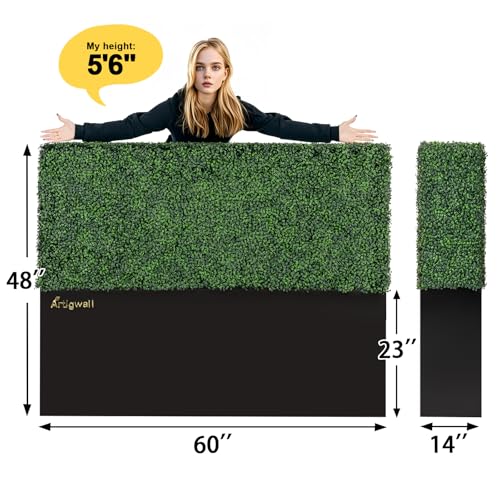 Artificial Boxwood Hedge Wall with Black Steel Planter Box, Outdoor Greenery Fake Faux Grass Panels, Privacy Divider Fence for Patio, 60" L X 48" H X 14" D - size: 60" L X 48" H X 14" D