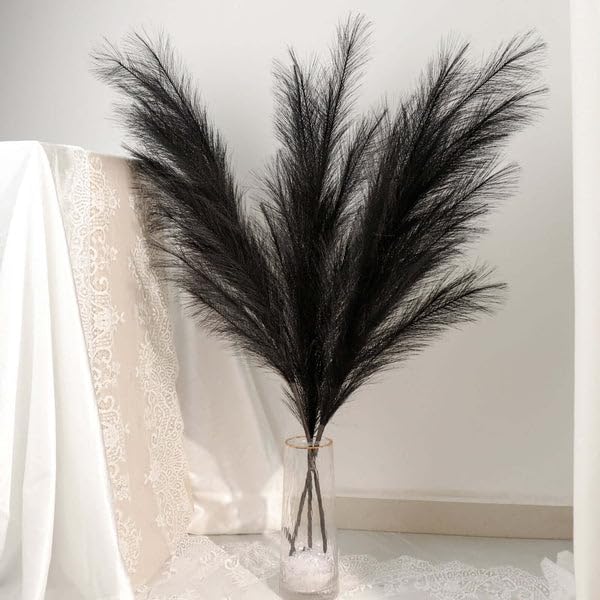 Tableclothsfactory 3 Stems | 44" Black Artificial Pampas Grass Plant Sprays, Faux Branches Vase Flower Arrangement - color: Black