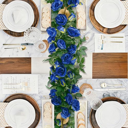 U'Artlines 5 Pack Artificial Royal Blue Rose Vines Floral Garlands Total 32.5 Ft Fake Vine Silk Flower Garland for Indoor Outdoor Home Wedding Arch Garden Wall Decoration - color: Royal Blue, size: Set of 5