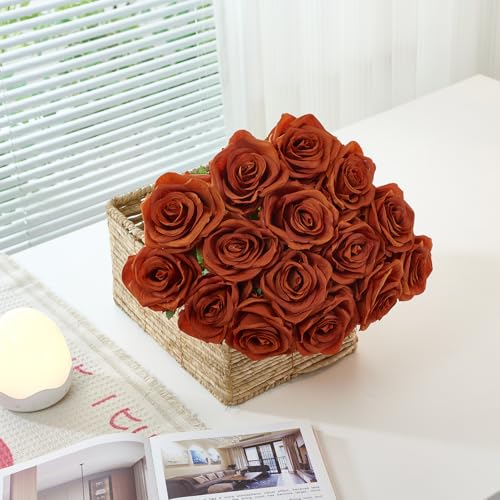 50Pcs Burnt Orange Roses Artificial Flowers Artificial Silk Roses Bulk,Fake Roses Flower with Stems Realistic Flowers for Wedding Centerpiece Home Party Decor - color: Burntorange