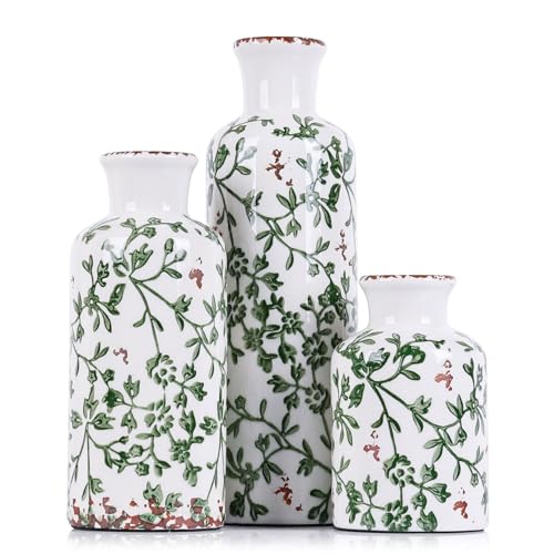 Green Ceramic Vase Set - 3 Chinoiserie Green Floral Vases, Farmhouse Country Flower Vase Home Decor, Living Room Decoration, Table Decoration, Fireplace Decor, and Entrance Decorations Centerpiece - color: Green