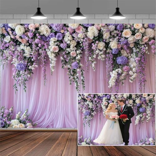 5x4ft Purple Lavender Floral Bridal Backdrop Wedding Flower Photography Backdrop for Girl Portrait Baby Shower Birthday Party Decor Banner Mother's Day Party Wall Backdrop Studio Photo Backgrounds - color: Multi3, size: 5X4FT