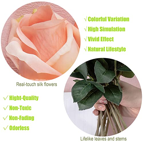 12pcs Half Opened Artificial Rose Buds,17 Inch Real Touch Silk Roses with Partially Opened Flowers, Artificial Flower for Home Décor Centerpiece Wedding Bouquet,Orange - color: Orange