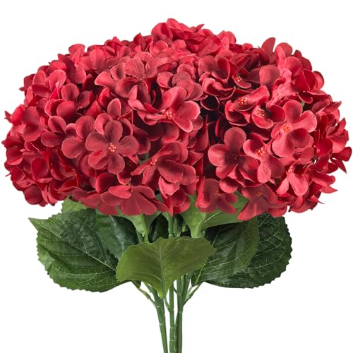 6 PCS Artificial Hydrangea Flowers, Faux Silk Hydrangea with Long Stems, Home Wedding Decor, Table Centerpieces, Party Decorations (Brilliant Red) - color: Brilliant Red