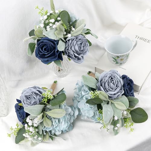 Wedding Artificial Bridesmaid Bouquet - 7 Inch Pre-Made Silk Bridesmaids Flowers Bouquet Small Bridal Bouquet for Bridesmaid for Rustic Vintage Wedding Ceremony Anniversary -Navy Blue - color: Blue, size: 1pcs Bouquets