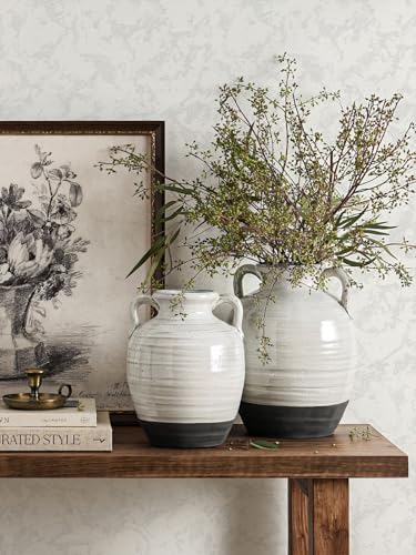 White Ceramic Vase, 9.5 Inch Large Farmhouse Flower Vase with Handles - Rustic Centerpiece for Living Room, Table, Bookshelf, Mantel, Entryway & Wedding Decor (Aurora White) - color: 9.5 Inch-aurora White