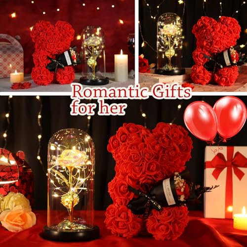 Mothers Day Rose Gifts for Mom Women Wife Girlfriend, Rose Bear & Beauty and the Beast-Inspired Rainbow Light-Up Roses Gift Set – Perfect for Valentine’s, Birthday Mother’s Day and Anniversary - color: Red +Colorful Rose