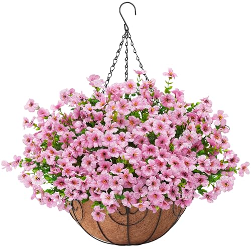 Artificial Fake Hanging Flowers Plants Basket for Outdoors Outside Spring Decoration,Hanging Planters with Faux Silk Flowers Realistic UV Resistant for Balcony Porch Patio Garden Fron Home Decor（Pink） - color: Pink