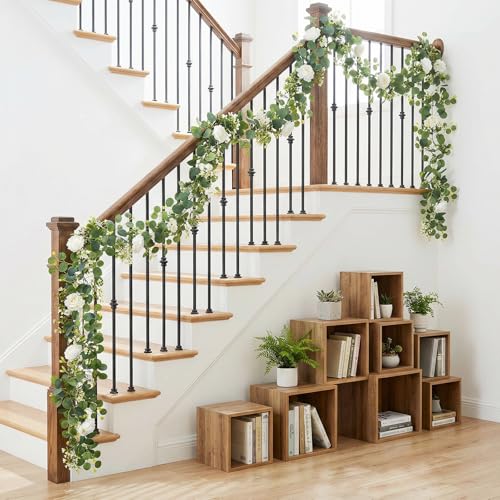 2 Pack Artificial Flower Garlands, 6 Ft Garland for Table Decor, Eucalyptus Garlands with White Roses Centerpieces Greenery Wedding Vines Garland for Backdrop Indoor Outdoor Decor