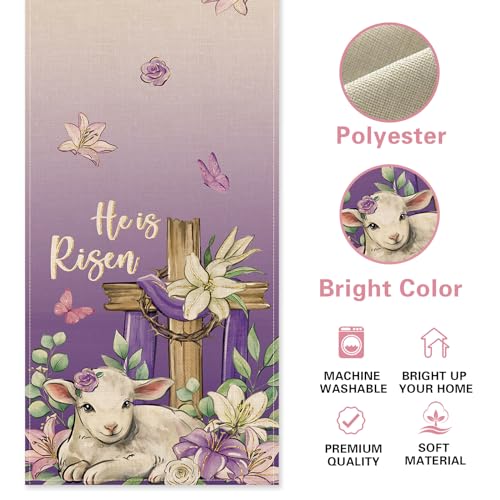 He is Risen Easter Purple Christian Table Runner, Religious Cross Lamb Lily Flower Kitchen Dining Table Decoration, Spring Eucalyptus Leaves Burlap Indoor Outdoor Home Decor Party Supply 13 x 72 - color: Easter-he is Risen, size: Table Runner 13''X72''