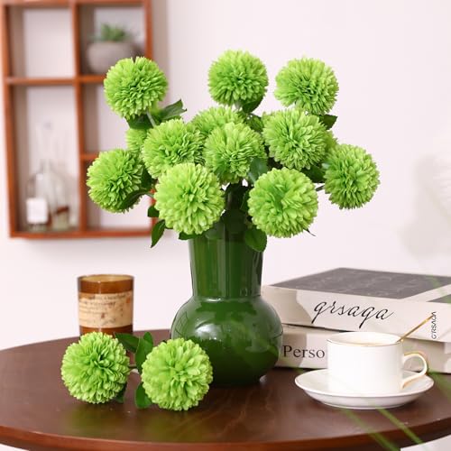 Floweroyal 24pcs Green Flowers Artificial Chrysanthemum Ball Silk Hydrangea Flowers Bridal Wedding Bouquet for Home Garden Party Office St Patricks Day Decor - color: Green-24pcs