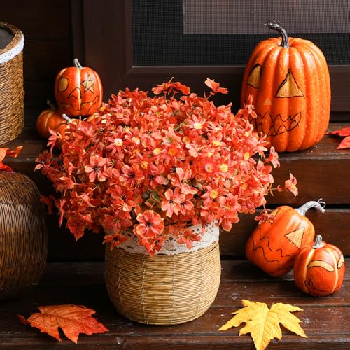 Artificial Flowers for Outdoors Patio Decoration 12 Bundles Fake Flower Daisy Lily Cherry Blossom UV Resistant Faux Plants Yard Garden Porch Home Boxwood Patio Halloween Decor, Fall Orange Flower - color: D Orange Mix Flowers 12pcs