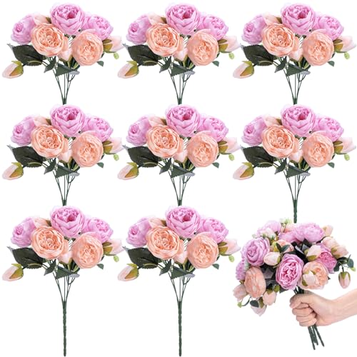 Yunsailing 8 Pack Artificial Peony Flowers Faux Silk Hydrangea Bouquet Wedding Home Table Decor Reusable Bouquet of Rose Flower for Birthday Wedding(Peach Pink Purple) - color: Peach Pink Purple, style: Peony