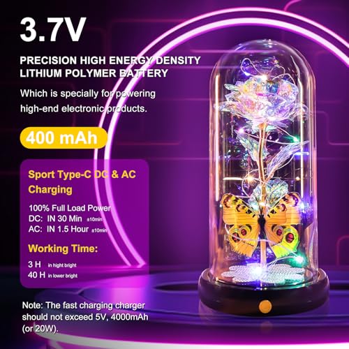 Mothers Day Rose Gifts for Mom Birthday Gift for Women, Rechargeable Galaxy Glass Rose in Glass Dome Colorful Crystal Flower Butterfly Mother's Day Flowers Gifts for Women Mom Wife Grandma Daughter - color: Usb-a Gold