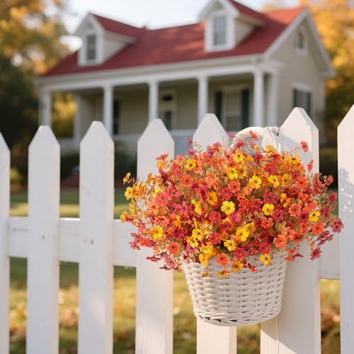 12 Bundles Fake Mums Fall Flowers Artificial for Outdoors Decoration Artificial Mums Faux Plants Daisy for Outdoor Outside Planters UV Resistant Violets for Fall Decor Home Porch Door Front Patio Yard - color: Z3-orange, Autumn Red, Yellow