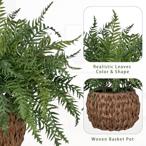 Hollyone 17.7" Fake Fern Potted Plant Artificial Ferns in Woven Pot for Indoor Faux Fern Bush Plant for Patio Garden Farmhouse Windowsill Office Living Room Home Decor - size: Woven Pot - Short Fern