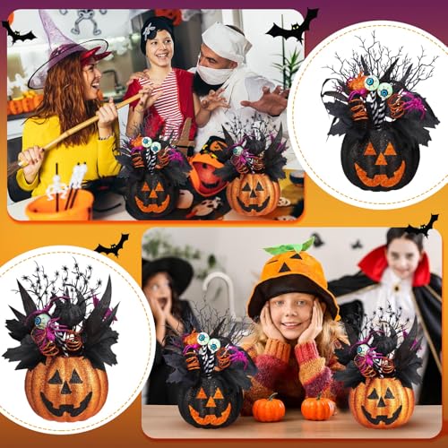 Giegxin 2 Pack Halloween Table Centerpieces Decorations 14'' x 10'' Jack O Lantern Artificial Flowers Pumpkin with Spider and Eyeball Halloween Tabletop Decor for Home Kitchen Indoor Outdoor - style: Jack O Lantern