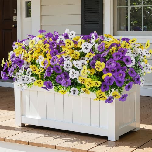 Alupssuc 24 Bundles Artificial Flowers for Outdoors Spring Decorations, Big Fake Flowers UV Resistant Realistic Pansies with Eucalyptus Silk Faux Flowers for Porch Yard, Yellow White CrimsonPurple - color: Yellow, White, Crimsonpurple