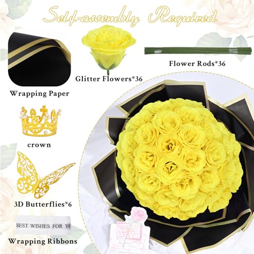 Waipfaru Glitter Roses Bouquet, DIY Yellow Fake Flowers Bouquet, 36 Pcs Rose for Grandma Wife Girlfriend Valentines, Mothers Day, Anniversary, Graduation - color: Yellow, size: 36pcs
