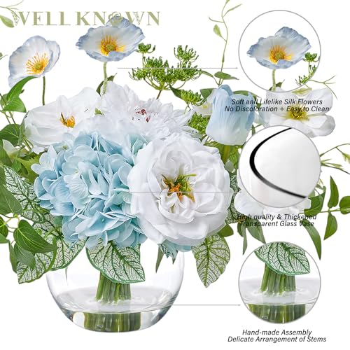 WELL KNOWN Artificial Silk Flowers Bouquet with Vase, Fake Flower Arrangements in Glass Vase with Faux Water for Spring Summer Seasonal Home Office Hotel Wedding Table Decor (Blue in Spring) - color: Blue in Spring
