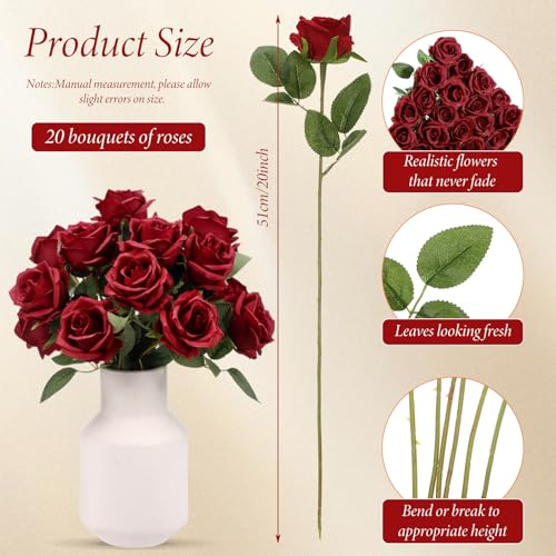 Hotop 20 Pcs Artificial Rose Flowers with Long Stem,Real Lifelike Silk Realistic Plastic Bouquet Roses Bulk for Home Decor Bridal Wedding Party Table Centerpieces Decorations(Wine Red) - color: Wine Red