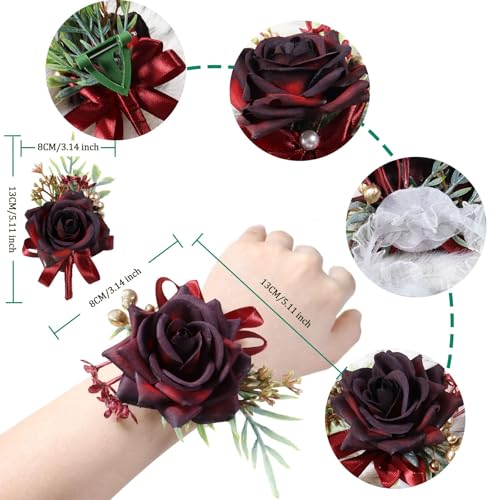 Wrist Corsage and Boutonniere Set, Artificial Burgundy Flower Women Corsage Men Boutonniere for Wedding Prom Homecoming Ceremony Anniversary (Burgundy Rose Set) - color: Burgundy Rose Set
