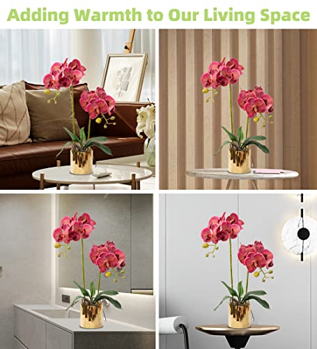 Artificial Orchid Flowers Fuchsia Faux Orchids with Ceramic Vase Vivid Fake Phalaenopsis Flower Arrangement Gorgeous Artificial Plants for Office Desk Wedding Party Exhibition Center&Home Table Decor - color: Fuchsia-golden
