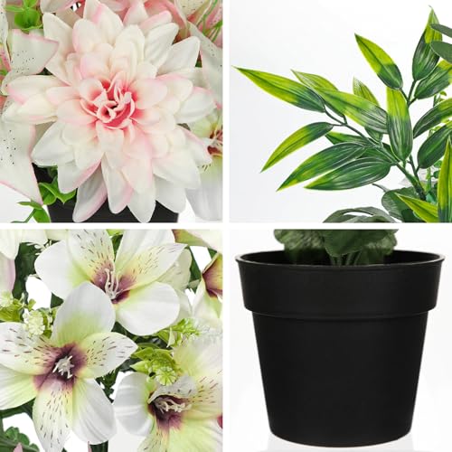 GnFlus Pink Artificial Flowers Small Fake Flowers in Vase Peonies Dahlia Tiger Lily Potted Silk Flower Arrangements Faux Plants & Flowers Home Bathroom Kitchen Table Centerpieces Desk Decor - color: Pink