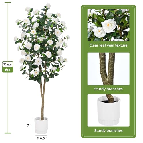 Artificial Camellia Tree 6FT– Faux Plants Indoor, with Easy Assembly, Low Maintenance, Ideal for Both Indoor Decoration and Other Purposes，Perfect Porch Christmas Trees (White 6ft) - color: White 6ft
