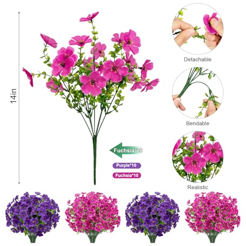 20 Bundles Artificial Flowers for Outdoors, Fake Violet Flowers Silk Realistic UV Resistant Faux Artificial Plants Outdoors for Window Box Garden Patio Front Porch Home Indoor Outside Decorations - color: Purple Fuchsia