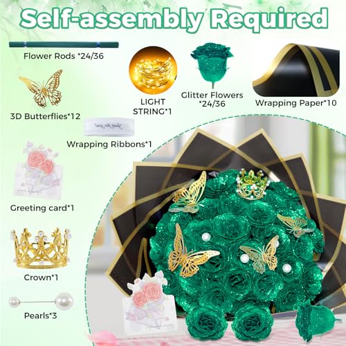 Dark Green Glitter Roses Bouquet, 36 Pcs Shiny Glitter Flowers Bouquet, Everlasting DIY Artificial Roses Bouquet for Christmas, Birthday, Anniversary, Wedding, Engagement - color: Dark Green-a, size: 36 PCS