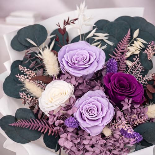 Bonsion Preserved Flowers for Delivery, Purple Rose Bouquet Gift for Women and Mom, Long Lasting Floral Arrangement for Birthday & Anniversary - color: Purple